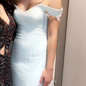 Blue dress with white lace detailing